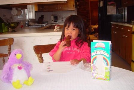 Kasen enjoying a chocolate bunny